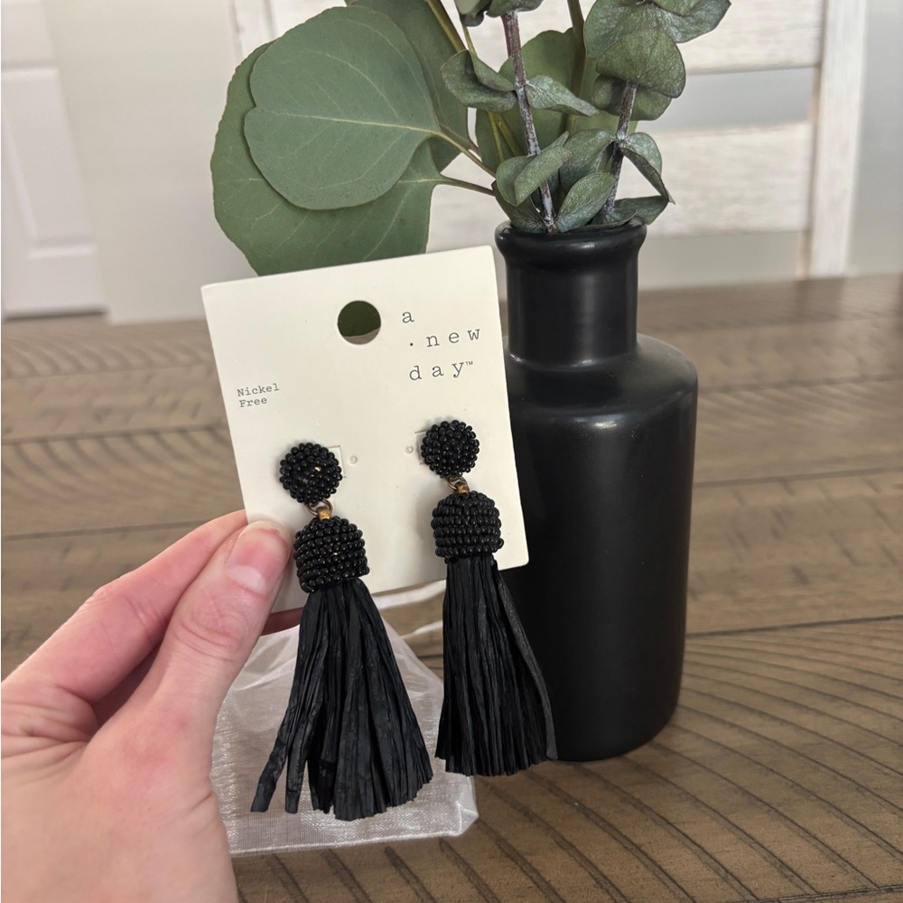 A New Day Elegant Black Beaded Tassel Earrings